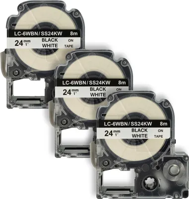 Produktbild von vhbw 3x Schriftband-Kassette kompatibel mit KingJim SR530, SR550, SR3900C, SR530C, SR3900P, SR6700D, SR40 Etiketten-Drucker 8m x 24mm Schwarz auf Weiß