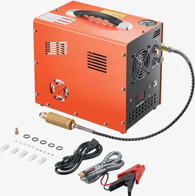 A high-pressure air compressor and its accessories are displayed against a white background.
