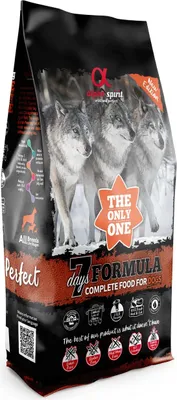 A bag of dog food with wolves depicted on the front.
