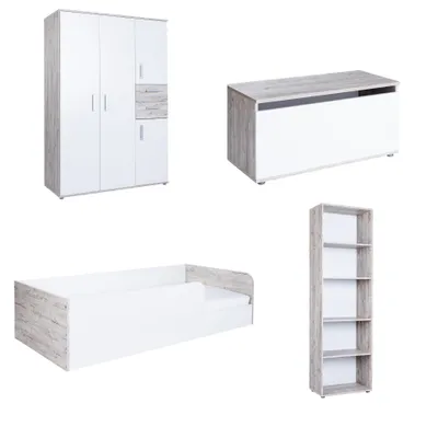 Produktbild von Komplett Kinderzimmer Set 4-teilig – Bodenbett 90x200, Schrank, Regal, Truhe