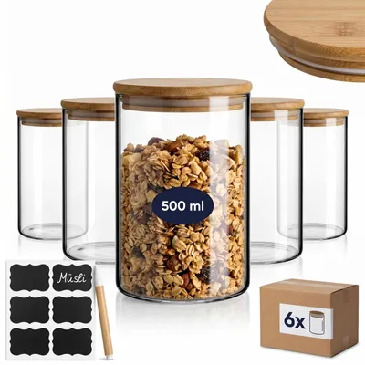 Produktbild von Vorratsdosen Vorratsgläser Vorratsbehälter - 500 ml - 6er Set - Borosilikatglas - Bambusdeckel