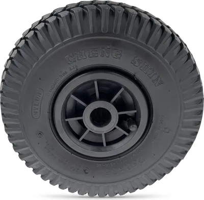 A close-up view of a black pneumatic tire with a black rim.