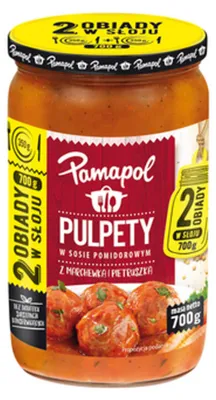 Zdjęcie produktu dla Pulpety w sosie pomidorowym z marchewką i pietruszką 700g - Dwa obiady w słoju Pamapol