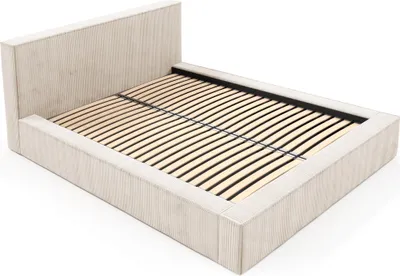 A bed frame with a slatted wooden base, shown from a diagonal angle against a white background.