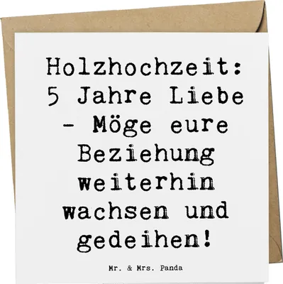 Produktbild von Mr. & Mrs. Panda Grußkarte Spruch 5. Hochzeitstag Holzhochzeit - Weiß - Geschenk, doppelkarte, Glückwunschkarte, faltkarte, anlasskarte, Geschenke, Klappkarte, Heirat