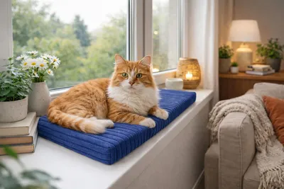 Produktbild von Katzenbett Fensterbank 60x20x4 cm weich rutschfest Katzenkissen Katzenmatte Liegekissen Haustierbett für Katzen Blau