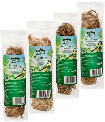 Produktbild von Dehner Natura Premium Wildvogelfutter, Wildvogelsnack, Fettstangen, Ganzjahresfutter nahrhaft, hochwertiges Vogelfutter für Wildvögel, 4 x 200 g (800 g)