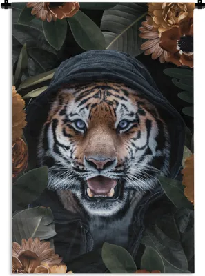 Produktbild von MuchoWow® Wandteppich Wandbehang Tiger - Blumen - Orange 90x135 cm Tapisserie Dekoration Wandtuch - Baumwolle - Wandskulptur