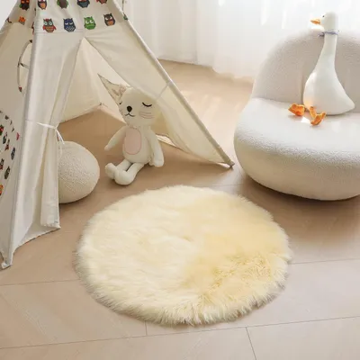 Obrázek produktu pro Kulatý koberec, plyšový, světle žlutý, Umělá kožešina, průměr 120 cm