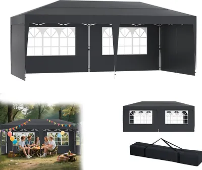Image de UISEBRT Pavillon pliable Pavillon de jardin 3x6 m Tente de jardin réglable en hauteur étanche aux UV Tente de réception pour le jardin avec sac Anthracite, avec parois latérales