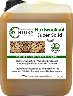 A large plastic container of wood oil with a label detailing the product.