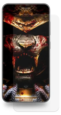 A smartphone with a screen displaying a fierce, bloody lion's face wearing samurai armor.