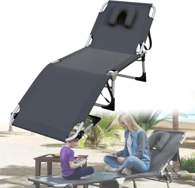 Produktbild von LZQ Sonnenliege klappbar, tragbar, Campingliege mit 5-stufig verstellbarer Rückenlehne und Fußstütze, inkl. Kopfkissen, Liegestuhl für Garten, Strand, Terrasse, Outdoor, dunkelgrau