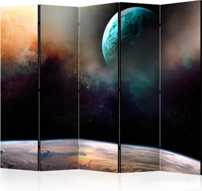 Produktbild von Akusticher Raumteiler Erde Foto Paravent 225x172 cm beidseitig auf Vlies-Leinwand bedruckt Akustikschaum Trennwand Spanische Wand Sichtschutz Home Office Galaxie Planeten n-C-0249-z-c