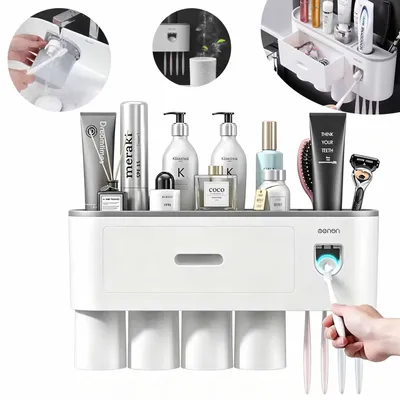 Produktbild von Zahnbürstenhalter Ohne Bohren, Wandmontage, Badezimmer-Regal, mit Automatischem Zahnpastaspender, Organizer