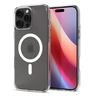 A transparent phone case with MagSafe compatibility is shown on a white background, next to a smartphone.