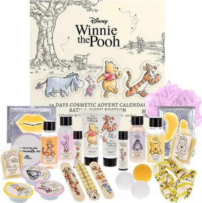 A collection of Winnie the Pooh themed cosmetic and bath products arranged around an advent calendar.