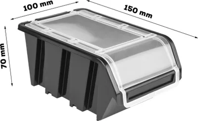 A single black storage bin with a clear lid, shown from a slight angle with dimensions indicated by text.