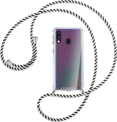 Produktbild von Handykette Backcover-Schutzhülle mit Band (Metall silberfarben) für Samsung Galaxy A40 - schwarz/weiß gestreift