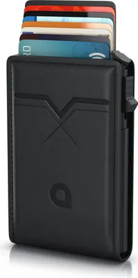 Immagine prodotto di Portacarte RFID Aplic in pelle e alluminio, porta carte di credito per 8-10 carte, portafoglio, funzione scorrevole, compatibile con MagSafe, protezione NFC, protezione RFID, chiusura magnetica