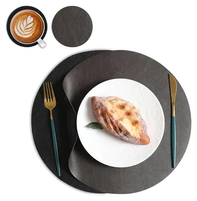 Platzsets und Untersetzer, 4er-Set, rund, Kunstleder, braun+schwarz