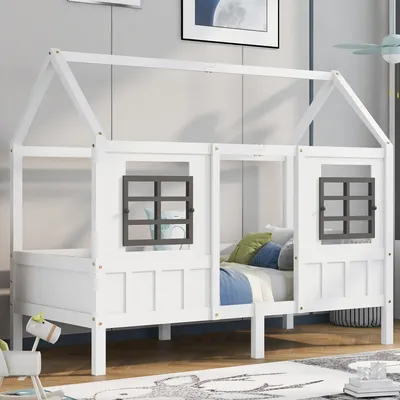 Obrázek produktu pro MODFU dětská postel 90x200cm s lamelovým roštem, domácí postel pro mládež, postel pro rodiče a děti se 2 okny, postel z borovicového dřeva, bílá (bez matrace)