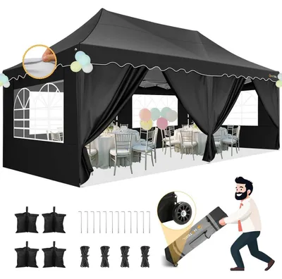 Productafbeelding van Pop-up paviljoen, 3x6 meter, waterdicht, stabiel, met 6 zijwanden, golfrandafwerking, UV-bescherming 50+, zwart
