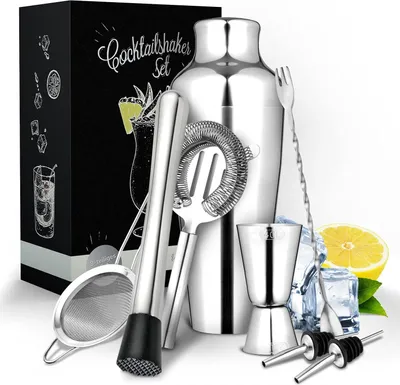 Produktbild von Vezato Cocktail Shaker Set aus Edelstahl 750 ml - Hochwertiges Barkeeper Set - Spülmaschinen geeignetes - Silber