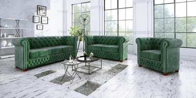 Produktbild von S-STYLE MÖBEL - Chesterfield Jutta Polstergarnitur 3+2+1 aus Flasche grün Samt-Stoff mit Holzfüßen, B/T/H: 3er - 203 cm / 86cm / 72 cm