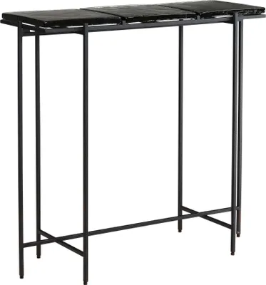 Konsolentisch Schwarz Glas mit schwarzer Glasplatte und schlankem Metallgestell in Gesamtansicht.