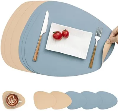 Produktbild von PolkaHome® Ledertischsets und Untersetzer Set mit 6 – Wasserdicht, Doppelseitig, Rutschfest, Gelb/Blau, 33 x 40,5 cm