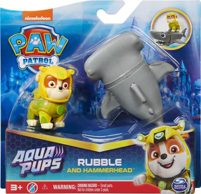Produktbild von Paw Patrol Aqua Pups - Hero Pups-Set mit Rubble-Welpenfigur und Hammerhai-Figur