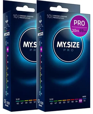 Zdjęcie produktu dla 20 sztuk prezerwatyw MY.SIZE PRO 69 mm ELITE, rozmiar XXXXL, wykonane z lateksu Vytex o wysokim stopniu czystości, dzięki czemu są praktycznie bezwonne; bardzo łatwe do otwarcia i rozwinięcia