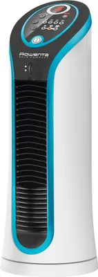 A product shot of a white and blue Rowenta fan.