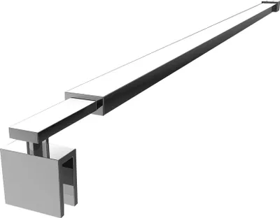 A chrome-plated shower wall stabilizer bar, mounted on a white background.