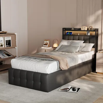 Obrázek produktu pro Postel INONEFT, 90x200 cm, čalouněná, s LED osvětlením, USB a Type-C porty, hydraulický úložný prostor, rošt, čelo a zásuvka, vhodná pro mládež, barva: černá (PU)
