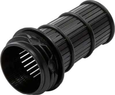A black plastic filter housing with ribbed sections and rings, isolated on a white background.