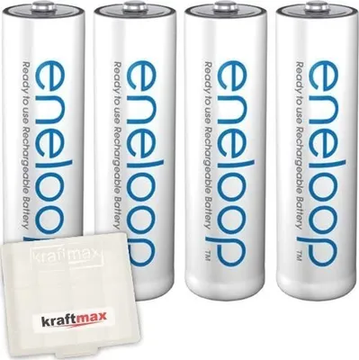 Four white AA rechargeable batteries with blue lettering and a white battery case are shown against a white background.