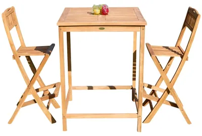 Produktbild von ALEOS. BAR-SET - TEAK Bartisch Bistrotisch Stehtisch 80x80cm mit 2x Barhocker klappbar Holz BIMA-SET80+2KLAPP