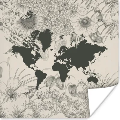 Produktbild von MuchoWow® Poster Weltkarte - Grau - Blume 75x75 cm - Wand Dekoration
