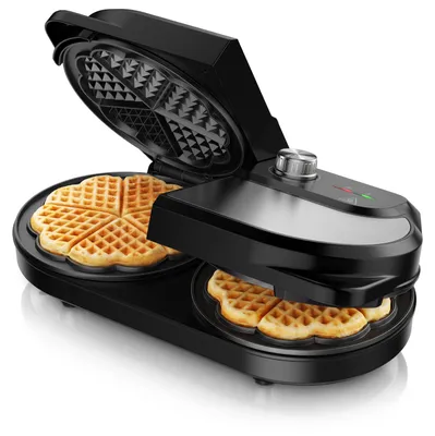 Produktbild von Arendo Waffeleisen für 2 Herzwaffeln, Waffelautomat mit 2 Heizzonen, 1400 W, stufenlose Bräunung, Antihaftbeschichtung, Backampel, Überhitzungsschutz, silber/schwarz