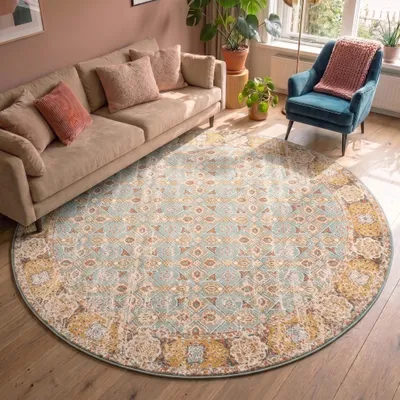 Produktbild von Volero - Teppich Vintage Rund - Thirza Oriental Hellblau Bunt - Ø 120 cm - Wohnzimmer, Esszimmer, Schlafzimmer - Boho, Klassik, Ländlich, Orientalisch, Retro