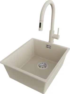 Produktbild von PRIMAGRAN Unterbauspüle Granit Beige 41x47cm, Spülbecken 1 Becken + Küchenarmatur 40x20cm + Ablauf-Set, Granitspüle ab 45er Unterschrank - London