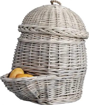A light gray wicker basket with a lid, designed for storing potatoes, with two potatoes visible in a lower compartment.