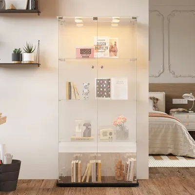 Immagine prodotto di Vetrina espositiva in vetro, 4 ripiani, con illuminazione a LED, colore nero, 2 ante, dimensioni 78,5 x 35 x 163 cm
