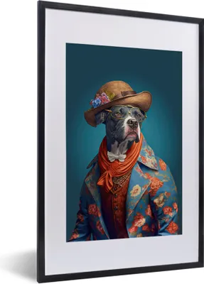 Produktbild von MuchoWow® Gerahmtes Poster Hund - Jacke - Blumen - Hut - Blau 40x60 cm - Poster mit Schwarzem Bilderrahmen Wandposter Rahmen Foto Bilder - Poster in Rahmen