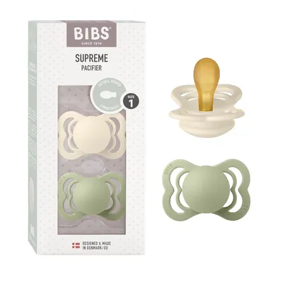Produktbild von BIBS Supreme Schnuller 2er-Pack, BPA-frei, Symmetrischer Nippel. Naturkautschuk / Latex, Hergestellt in Dänemark. Größe 1 (0-6 Monate), Ivory / Sage