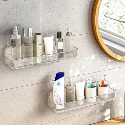 Immagine prodotto di Ripiano per doccia, senza foratura, 2 pezzi, lungo, trasparente, in acrilico, autoadesivo