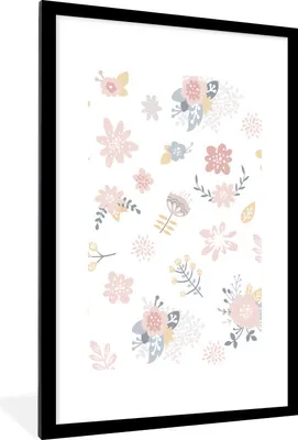 Produktbild von MuchoWow® MuchoWow® Gerahmtes Poster Blumen - Muster - Pastell - Rosa - Baby - Kind 60x90 cm - Poster mit zchwarzem Bilderrahmen - Dekoration - Wandposter Wohnzimmer - Hochwertig