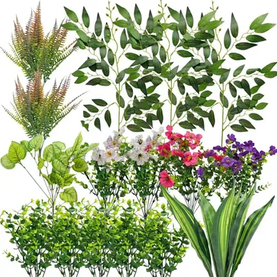 Imagen del producto de Juego de 16 plantas y flores artificiales, resistentes a los rayos UV, para uso en interiores y exteriores